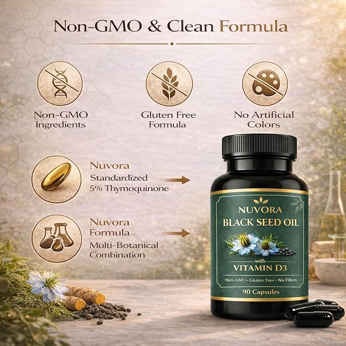 Nuvora Black Seed Oil1000mg with Turmeric &amp Black Pepper Extract Standardized 5% Thymoquinone Supports Overall Wellness &amp Antioxidant Health Non-GMO Gluten Free 90 Softgels (1PC)