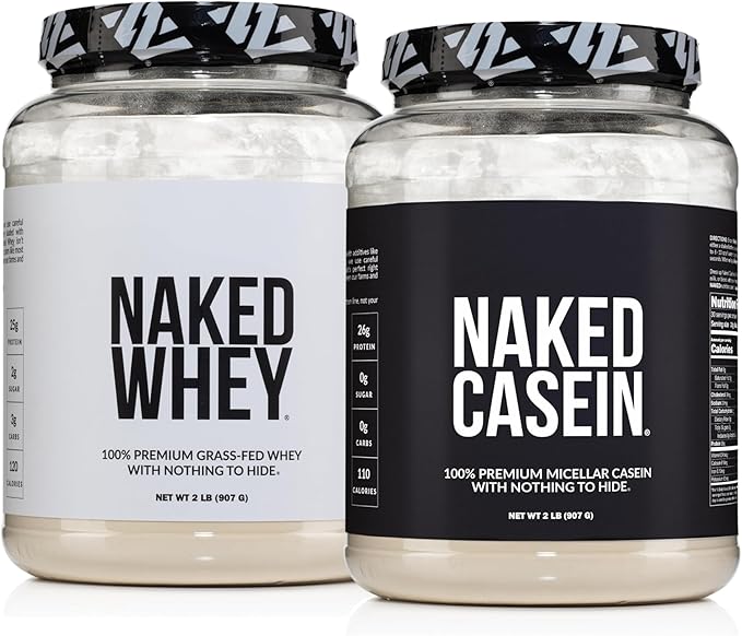 NAKED Whey Protein Powder 2LB (Unflavored) + Casein Protein Powder 2LB (30 Servings) – GMO-Free Gluten Free Soy Free Preservative Free