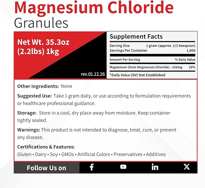 Magnesium Chloride - 1 kg (2.2 lb) - FG Nigari Bittern Sea Salt - Food Grade Firm Tofu Coagulant - Mineral Salt Tablet Capsule Supplement Excipient &amp Buffering Agent