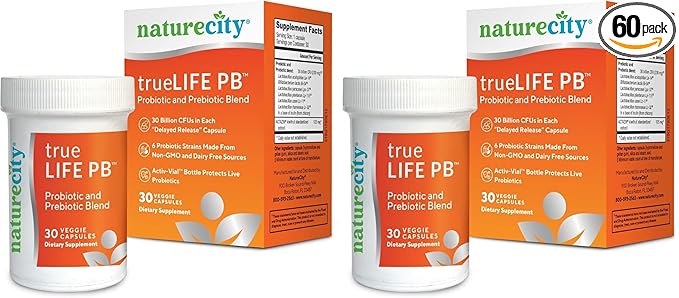 NatureCity True-Life-PB Shelf Stable Blend Prebiotics and Probiotics for Women and Men - Digestive Gut Health Supplements for Women and Men - Dairy Free - (30 Veggie Capsules) (Pack of 2)