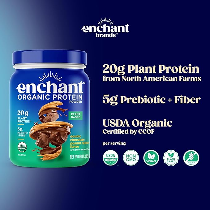Enchant Organic Protein Powder Chocolate Peanut Butter flavor – 20g Plant Protein sourced from North American Farms 5g Prebiotic + fiber USDA Organic Non-GMO Plant-based Non-Dairy Vegan 0.91 l