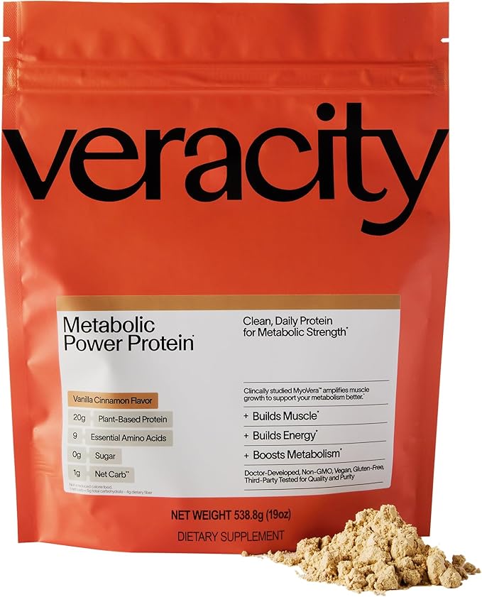 Veracity Plant-Based Protein Powder - Vanilla Cinnamon - MyoVera for Smarter Protein Utilization - Organic Sugar Free Protein for Metabolic Health - 15 Servings (20g Protein/Serving)
