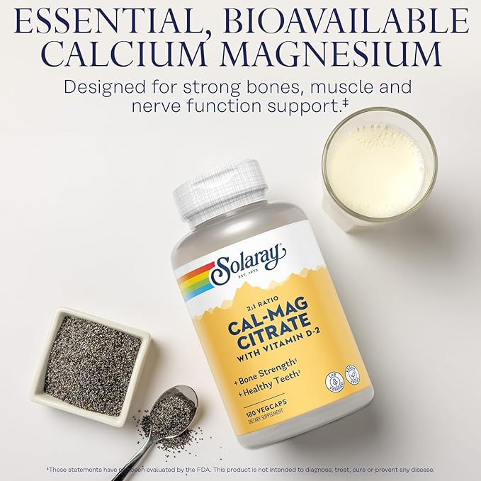Solaray Calcium Magnesium Citrate 2:1 Ratio - Calcium Supplements for Women and Men w/Magnesium and Vitamin D 2 - Bone Health Muscle and Nerve Support - Vegan 60-Day Guarantee 30 Serv 180 VegCaps