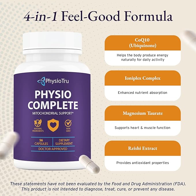 PhysioTru Physio Complete CoQ10 Supplement - Superior Nutrient Absorption Antioxidant &amp Energy Support - Coenzyme Q10 Ubiquinone with Fulvic Acid Magnesium Taurate &amp Reishi Extract - 3 Pack