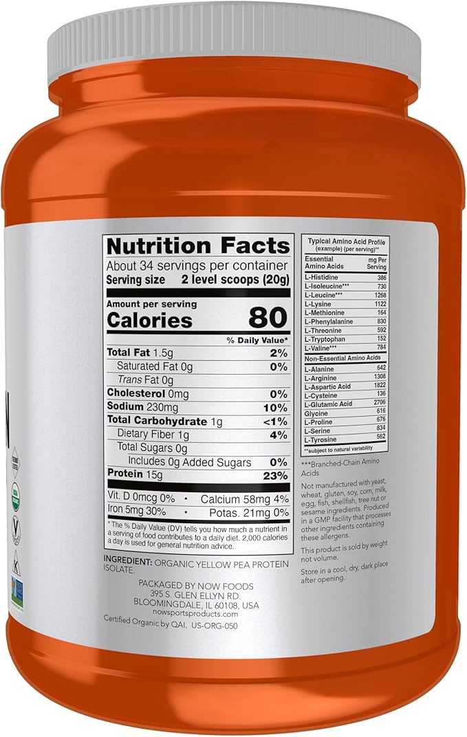 NOW Foods Sports Nutrition Certified Organic Pea Protein 15 Grams Unflavored Powder 1.5-Pound