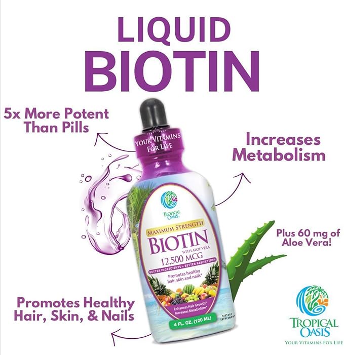 Maximum Strength Liquid Biotin Drops w/ 12500 MCG – Best Vitamins for Fast Hair Growth Reduced Hair Loss Healthy Skin &amp Strong Nails -5X More Potent Than Pills– Max Absorption Vegan– 4oz 30 S