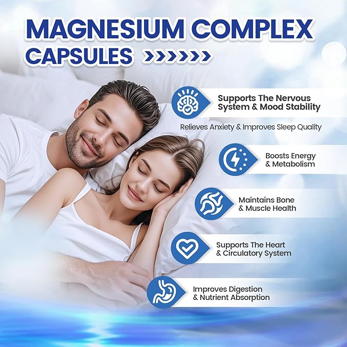 1000mg Magnesium Complex Capsules 8 Elemental with Magnesium Glycinate Citrate Malate Taurate Oxide Carbonate Aspartate Orotate for Bones Muscle Recovery Energy Vegan Non-GMO 4 Bottle