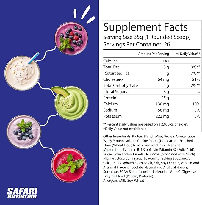 Safari Nu 100% Whey Premium Protein Powder Cookies and Cream - 2 LB Tub 25G of Protein - Concentrate &amp Isolate Whey Protein Blend - 12g BCAAs