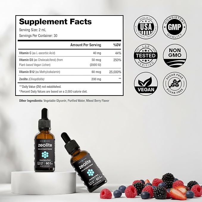 NutraChamps Zeolite Liquid Mineral Drops with Vitamins C D3 &amp B12 - Immune Support Clinoptilolite Mineral Supplement for Daily Wellness Support – 60 mL Berry Flavor