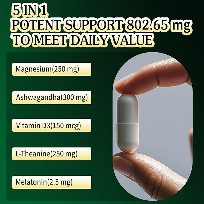 Magnesium Ashwagandha SupplementMagnesium GlycinateMelatoninL-Theanine Plus Vitamin D3Gluten Free120 Capsules