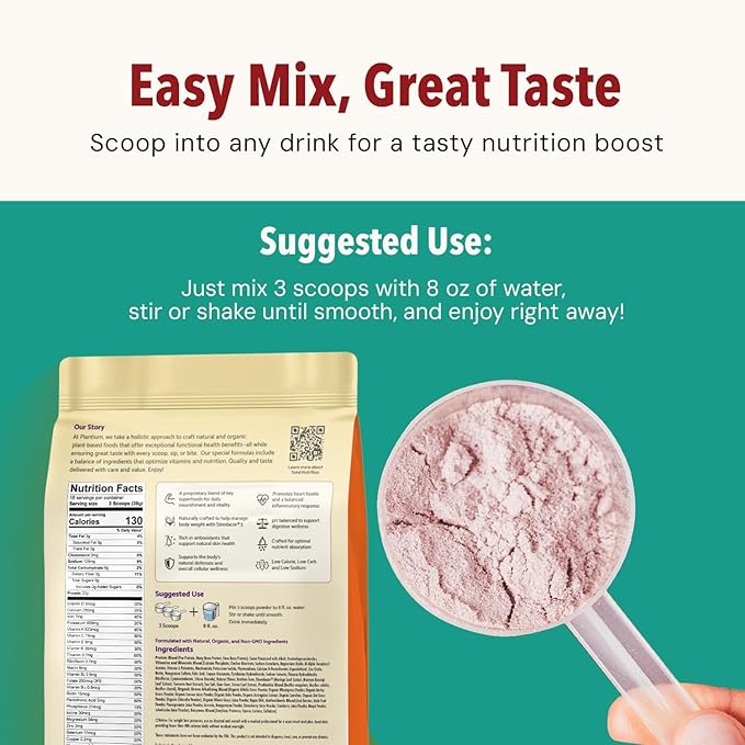 Plantium Total Nutrition Premium All-in-One Meal Replacement Shake Plant-Based Protein Powder with Vitamins Minerals &amp Probiotics 22g Protein per Serving Strawberry
