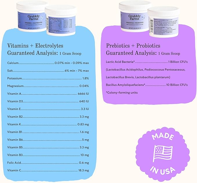 Grubbly Farms Supplements Bundle - Layer Calcium Probiotics+Prebiotics Vitamins+Electrolytes &amp Omega Mix - Complete Nutrition Support Strong Eggshells &amp Digestive Wellness for Laying Hens -