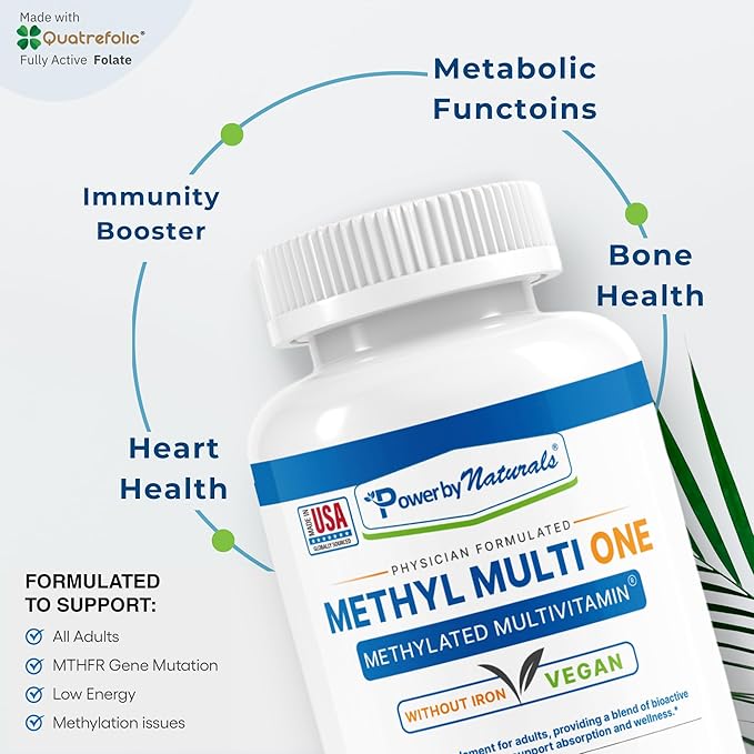 Power By Naturals Methyl Multi One - Iron-Free Methylated Multivitamin with Quatrefolic 5-MTHF Active B12 P5P CoQ10 &amp Zinc for MTHFR Support - Energy &amp Focus Formula - 60 Capsules (2-Month