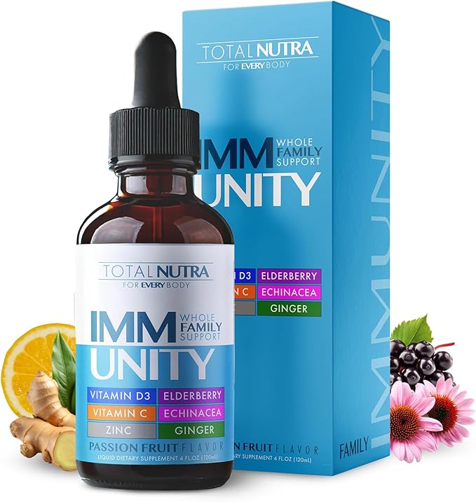 Total Immune 6-in-1 Liquid Multivitamin Supplement | 100% Daily Zinc Vitamin D3 Vitamin C Immunity Drops Vitamin Liquid | Elderberry Echinacea Ginger Support for Adults &amp Kids | 4 oz Passion F