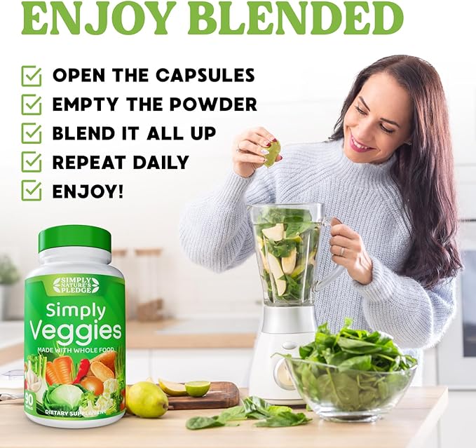 Simply Nature's Pledge - 90 Veggie Capsules- 2 Month Supply - Made with Whole Food Superfoods Packed with Beta Carotene &amp 18 Different Vegetables - 100% Soy Free