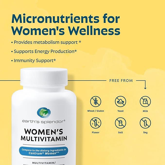 Earth's Splendor Women's Multivitamin &amp Immune Support – Supports Overall Wellness Metabolism Antioxidant Health with Vitamin B12 C D Biotin Rose Hips – Gluten-Free No Artificial Colors