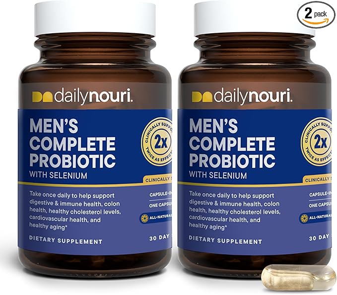 Daily Nouri Probiotics for Men | Digestive &amp Immune Support | Gut &amp Colon Health | 5 Clinically Studied Strains + Selenium &amp Omega | 60-Day Supply