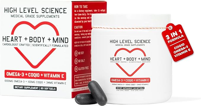 High Level Science CoQ10 Omega-3 Vitamin E - Cardiologist Formulated for Heart + Body + Mind Health with DHA/EPA Antioxidant for Energy Superior Bioavailable Fish Oil - Gluten Free