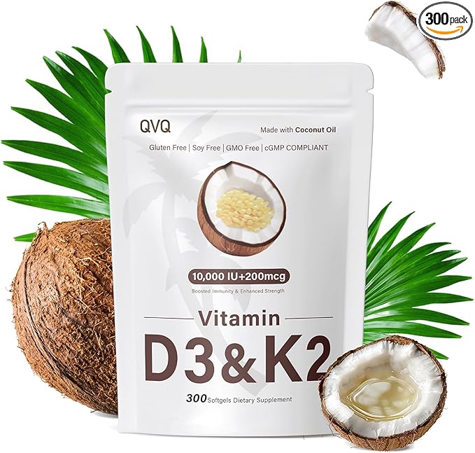 300 Pcs 2 in 1 Vitamin D3 10000 iu Plus K2 (MK-7) 200 mcg Virgin Coconut Oil Softgels with Vitamins D &amp K Supports Calcium Absorption Bone Immune &amp Heart Health – Easy to Swallow