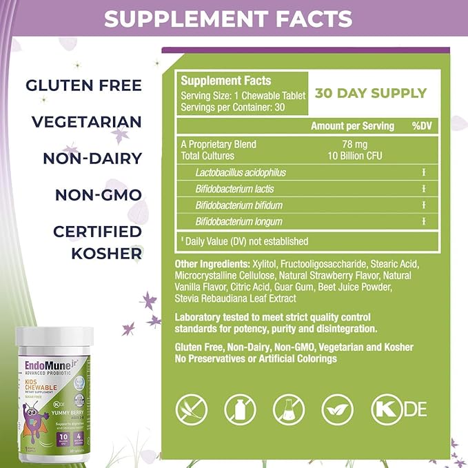 Endomune Jr Advanced Kids Probiotic and Prebiotic Chewables -10 Billion CFUs - 4 Strains Bacteria and FOS Prebiotic - Physician Formulated - 30 Chewable Tablets