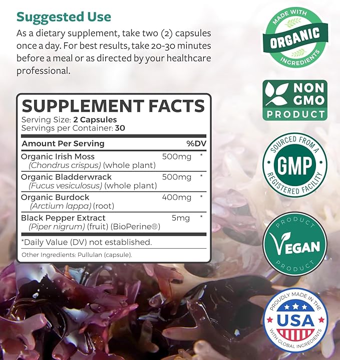 Irish Sea Moss &amp Omega 7 (1-Month Supply) Omega Sea Blend Bundle - Organic Irish Sea Moss - Raw Vegan Supplement (60 Caps) &amp Omega 7 Softgels - Provinal Sustainable Peruvian Anchovy Fish Oil (