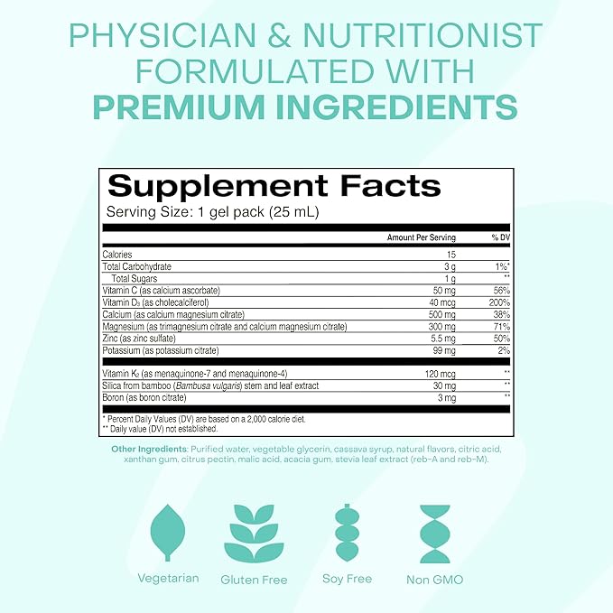 Healthycell Bone Strength Liquid Supplement - Bone Health Supplement with Calcium Magnesium Vitamin D3 &amp Vitamin K2 for Bone Density &amp Preservation - 30 Gel Packs Tropical Flavored