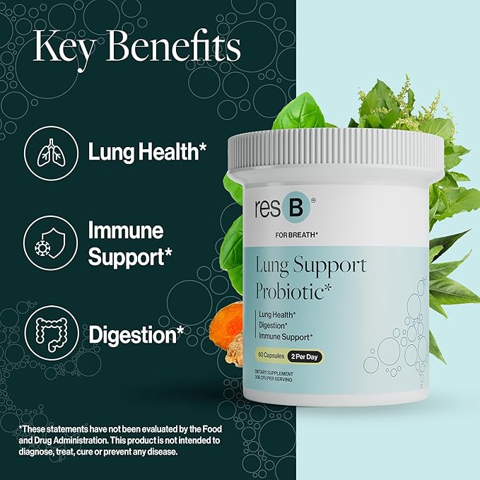 resB Lung Support Probiotic Supplement - Lung Health Supplement for Smokers Gut Health Immune &amp Digestive Support Respiratory Care Holy Basil &amp Turmeric Clinically Trialed - 60 Capsules