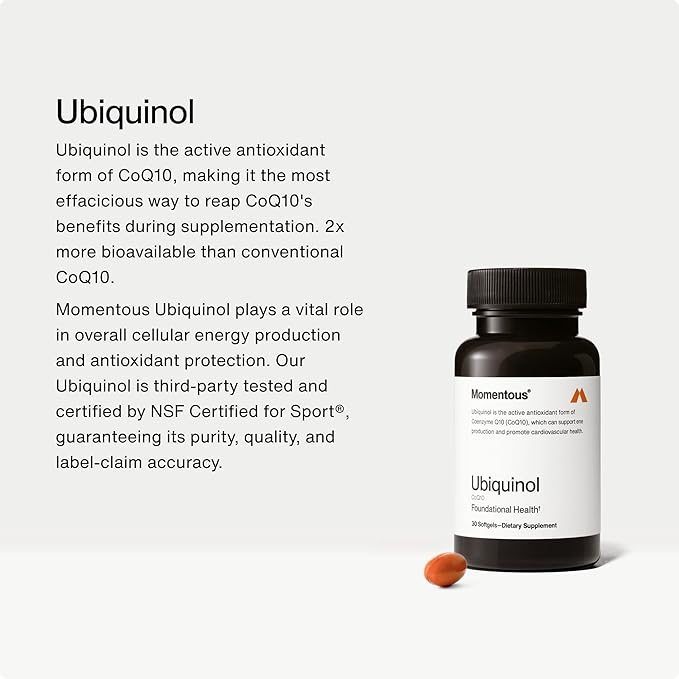 Momentous Ubiquinol - 42 g Plant-Based CoQ10 Softgel Supplement for Foundational Health Support - NSF Certified for Sport - GMO- &amp Gluten-Free - 30 Servings