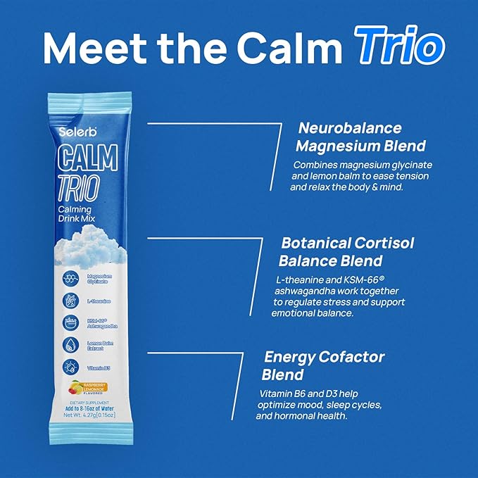 Selerb CalmTrio Magnesium Glycinate Powder Cortisol Drink Mix - No Sugar with L-Theanine Ksm-66® Ashwagandha Lemon Balm Vitamin D3 B6 Supplements for Relax Focus &amp Calm Raspberry Lemon 20 C