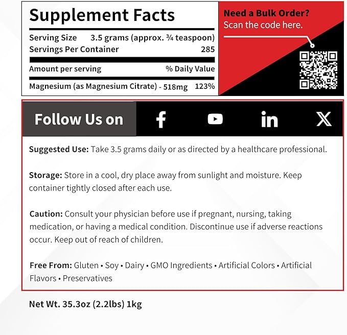 Magnesium Citrate Anhydrous Powder USP Grade - 1 kg (2.2 lb) - Fine Mesh Water Soluble Supplement for Capsule &amp Tablet Formulations