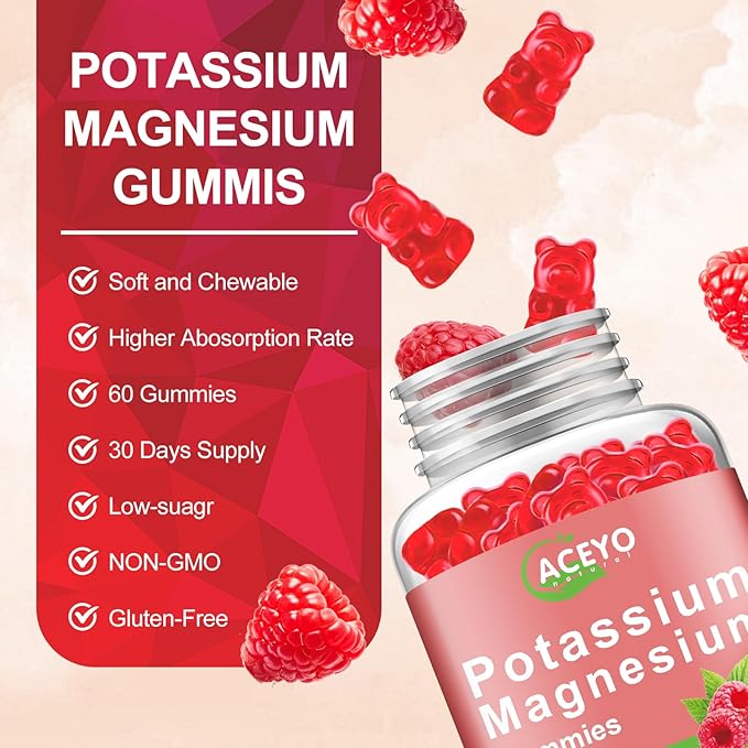 2 Pack Potassium Magnesium Gummies for Adult Kids High Absorption Leg Cramps &amp Muscle &amp Heart Health Immune Health Raspberry Magnesium Gummies Chewable Gummy Supplement Vegan Non-GMO