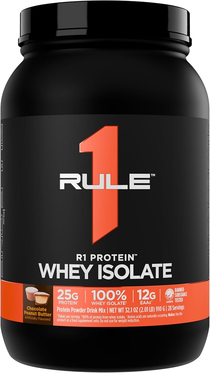 Rule 1 R1 Protein Whey Isolate - with 25g Protein &amp 6g BCAA Exclusively from Isolated &amp Hydrolyzed Sources for Workout Recovery (2 Pounds* Chocolate Peanut Butter)