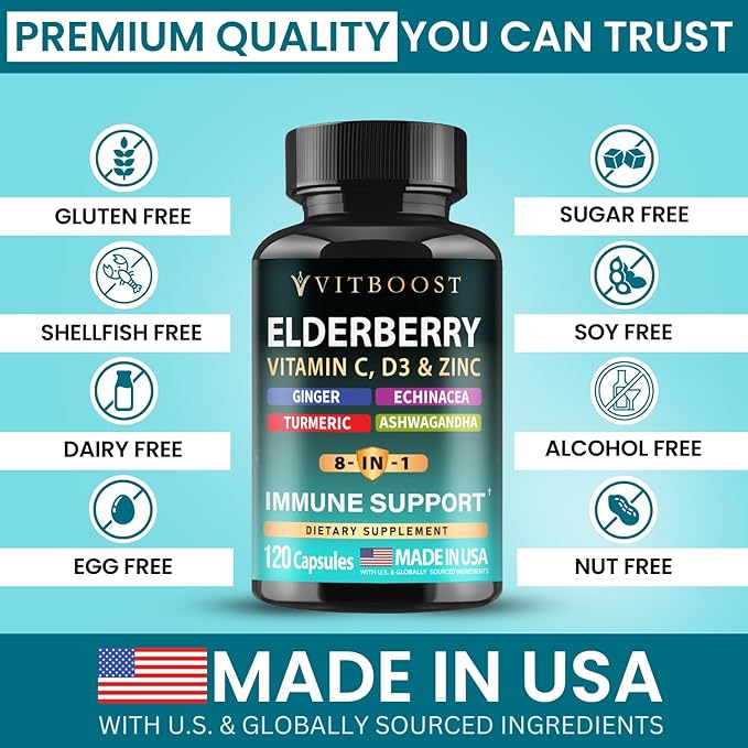 Elderberry Immune Support Supplement 8-in-1 Formula with Echinacea Vitamin C &amp Zinc Vitamin D 5000 IU Turmeric Ginger Ashwagandha – 120 Capsules