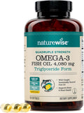 NatureWise Quadruple Strength Omega 3 Fish Oil 4080mg- Natural TG Form + Wild Caught - 2450mg Omega 3 + 1350mg EPA 900mg DHA - Burpless - Non-GMO &amp USA Manufactured - 120 Softgels[40 Day Supply]