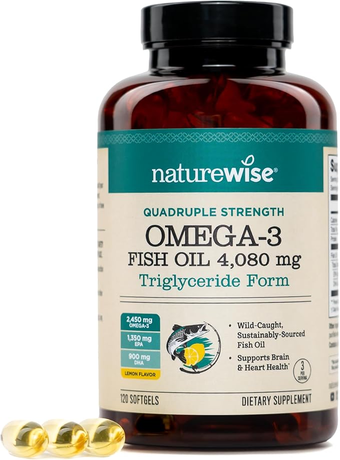 NatureWise Quadruple Strength Omega 3 Fish Oil 4080mg- Natural TG Form + Wild Caught - 2450mg Omega 3 + 1350mg EPA 900mg DHA - Burpless - Non-GMO &amp USA Manufactured - 120 Softgels[40 Day Supply]