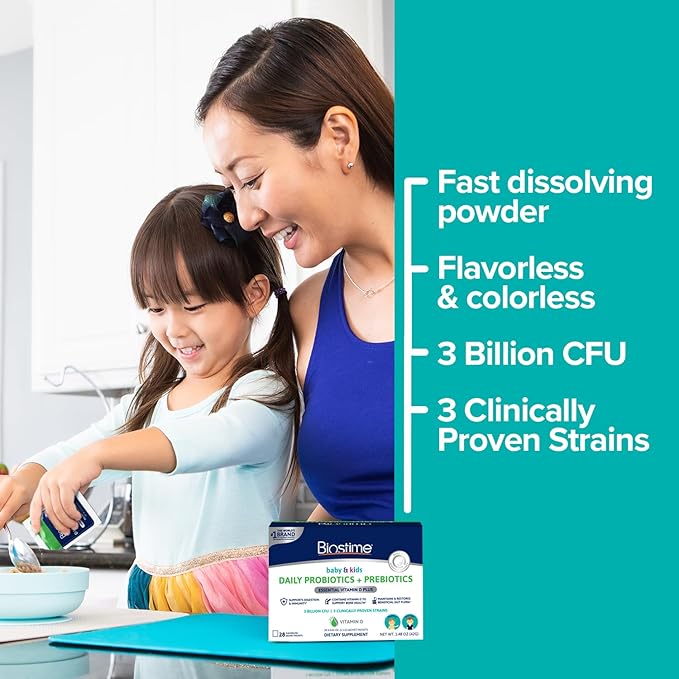 Biostime Infant Baby Toddler Kids Probiotic &amp Prebiotic with Vitamin D | Baby Probiotic Powder | Kids Immune Support | Constipation Relief for Babies * | Supports Digestion Gas Relief | 28 Packet