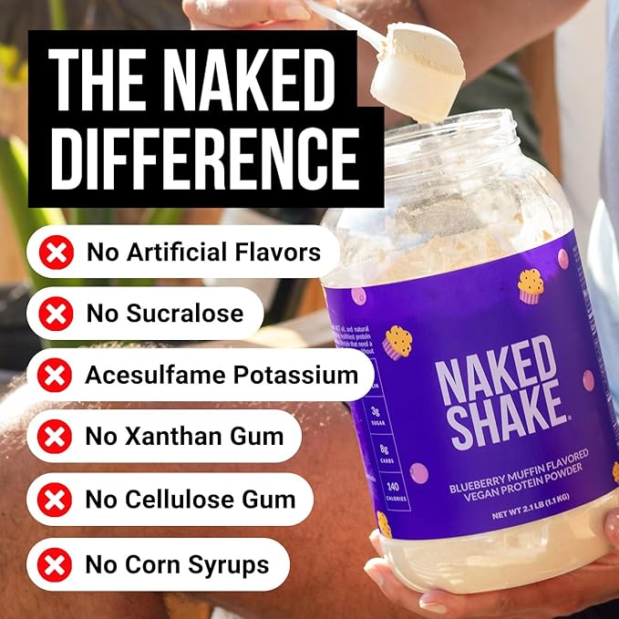 Naked Shake - Blueberry Muffin Protein Powder - Flavored Plant Based Protein from US &amp Canadian Farms with MCT Oil NSF Certified Gluten-Free Soy-Free No GMOs or Artificial Sweeteners - 30 Serv