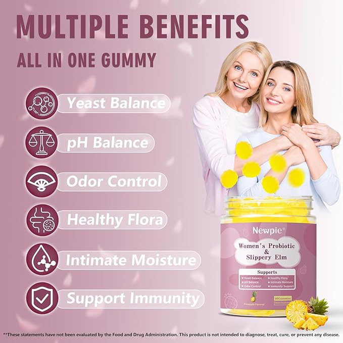 Her Juicy Feminine Probiotics Gummies for Women | Tropical Pineapple Flavor | Supports pH Balance Gut &amp Immune Health | with Slippery Elm Prebiotics &amp Lactobacillus Blend | 60 Gummies (1)