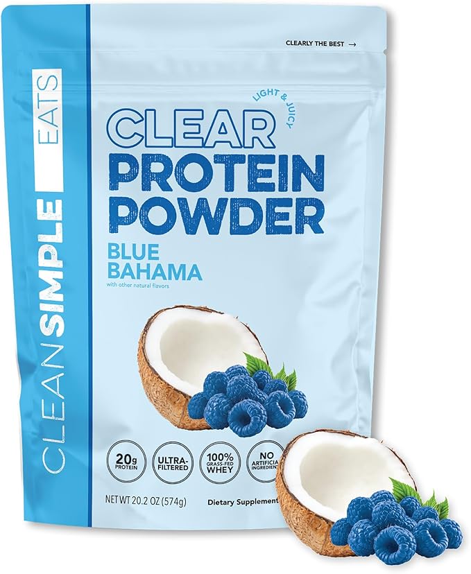 Clean Simple Eats Clear Protein Drinks 20G Grass Fed Whey Protein Isolate Ultra Filtered Light &amp Refreshing Beverage Low Lactose No Artificial Ingredients Blue Bahama Flavor 20 Servings
