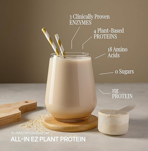 All In Nutritionals EZ Plant Protein. Plant Protein Powder with Fermented Rice Pumpkin Seed &amp Pea Sacha Inchi Digestive Enzymes Gluten-Free Non-GMO 15g Protein Vanilla Flavor 25 Servings