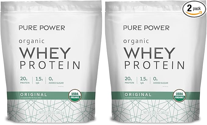 Dr. Mercola Pure Power Organic Whey Protein - 20 g Protein - Supports Muscle Growth &amp Energy - Grass-Fed Whey Concentrate - 15 Servings (20.60 oz) - Original (Pack of 2)