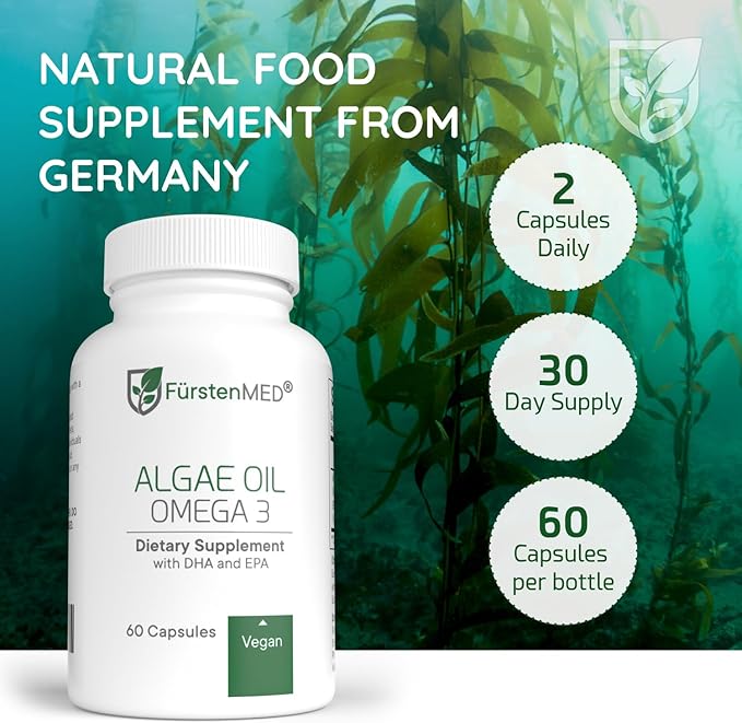 FürstenMED Algae Oil Vegan Omega 3 - Heart Brain &amp Joint Health Support - 2000mg Algae Oil of which 700mg DHA &amp 320mg EPA + 3 6mg Vitamin E per Daily Dose - Essential Fatty Acids