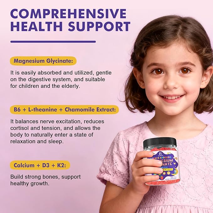Magnesium Glycinate Gummies for Kids 4+ &amp Adults- Melatonin Free Sleep Aid Magnesium Glycinate 150/300 mg Supplements for Calm &amp Relaxation Support Sugar Free Strawberry Flavor 120 Ct