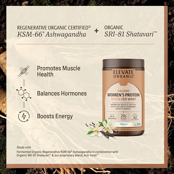 Women’s Whey Protein Powder Vanilla Grass Fed A2 Regenerative Whey with Organic SRI-81™ Shatavari KSM-66 Ashwagandha® &amp Acti Veda™ (20g Protein)