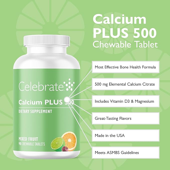 Celebrate Vitamins Calcium Plus - 500mg Calcium Citrate 333 IU Vitamin D3 &amp 34mg Magnesium for Post Bariatric Surgery - Gluten-Free &amp Sugar-Free - Mixed Fruit 90 Chewable Tablets