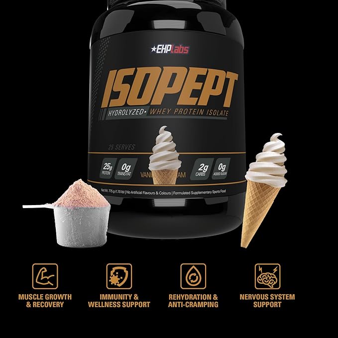 IsoPept Hydrolyzed Whey Protein Powder by EHPlabs - 100% Whey Protein Isolate &amp Hydrolysate 27g of Protein Non-GMO Gluten Free Fast Absorbing Easy Digesting 27 Serves (Vanilla Ice-Cream)