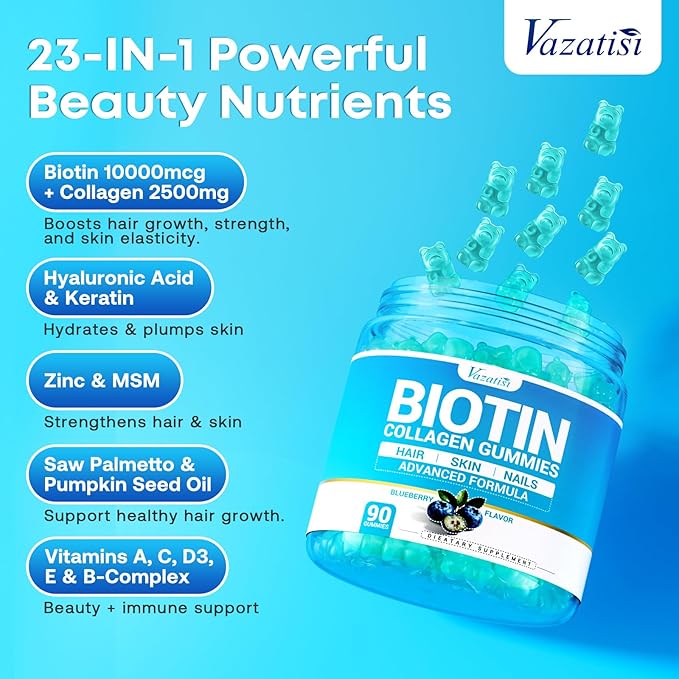Biotin Gummies 10000mcg with Collagen - 23-in-1 Hair Growth Gummies for Women &amp Men - Hair Skin and Nails Gummies with Keratin &amp Saw Palmetto - Sugar Free Non-GMO Blueberry 180 Count