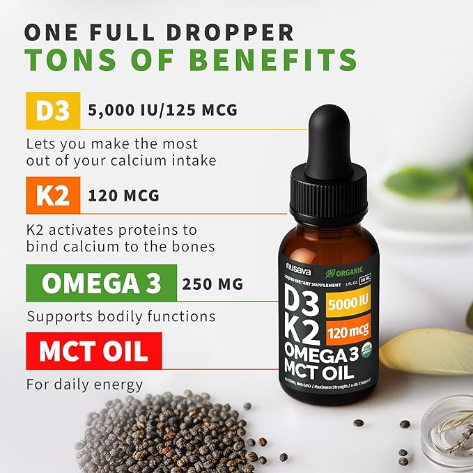 (4 Pack) Organic Vitamin D3 K2 Drops with MCT Oil Omega 3 5000 IU - Maximum Strength Vitamin D Liquid No Fillers Non-GMO Liquid D3 for Faster Absorption and Immune Support Unflavored 4 Fl Oz