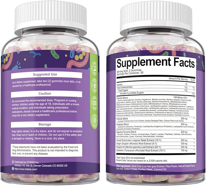 Sugar Free 5-in-1 Probiotic Prebiotic Postbiotic Gummy 36 Strains Probiotics for Women Men with Digestive Enzymes Peppermint Complete Immune Gut &amp Digestive Support Vegan 60 Ct Grape Flavor