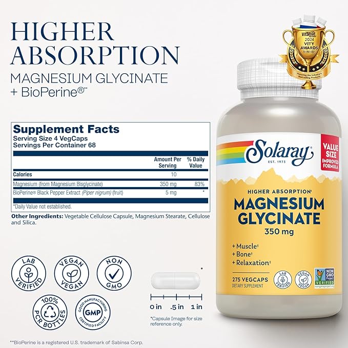 SOLARAY Magnesium Glycinate Capsules Chelated Magnesium Bisglycinate w/BioPerine Higher Absorption Magnesium Supplement - Bones Muscles Heart Support Vegan 68 Servings 275 VegCaps